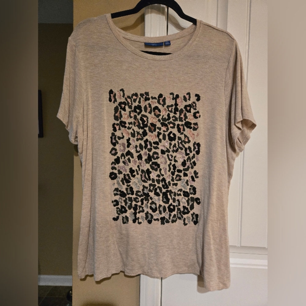Apt 9 Leopard Glitter Sparkly Animal Print Beige T-Shirt Sz XXL